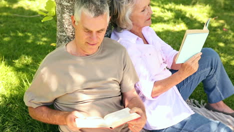 Retired-couple-leaning-against-tree-reading