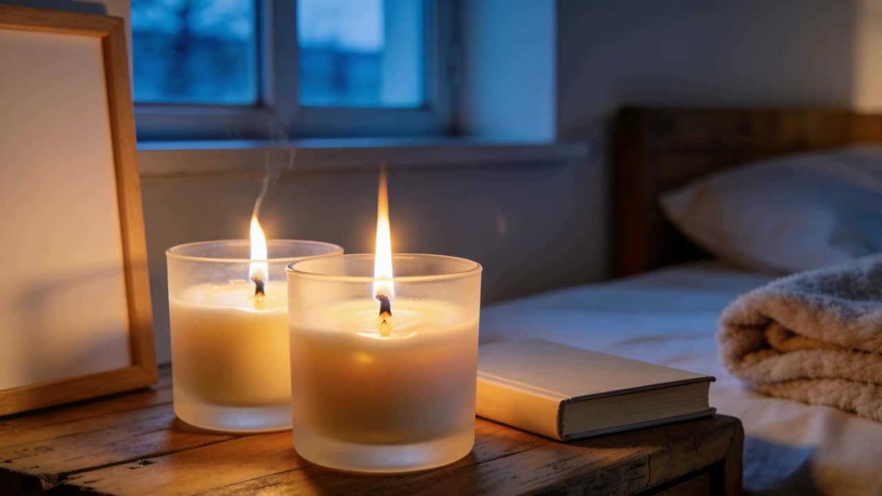Deux bougies vacillantes en verre dépoli projetant une lueur sur une table de chambre au crépuscule, avec un livre et une couverture
