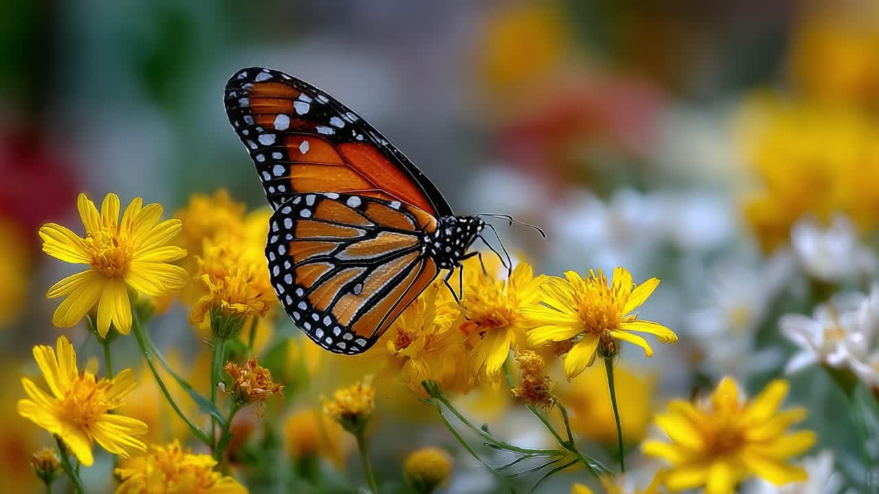 Una vista mozzafiato di una farfalla Monarca delicatamente appollaiata su vivaci fiori gialli, che mette in mostra la bellezza della natura in un ambiente da giardino accattivante