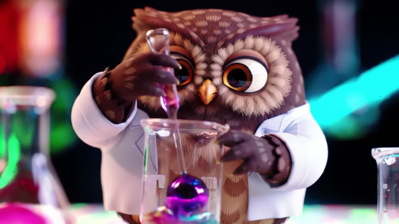An animated owl in a lab coat skillfully conducts a colorful chemical experiment, showcasing vibrant mixtures in glass beakers, surrounded by a lively, glowing atmosphere.