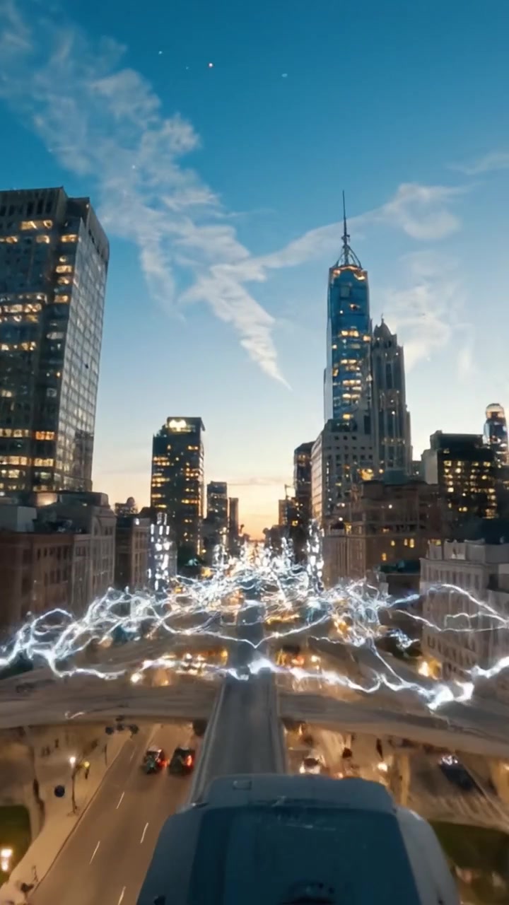 Stunning Urban Landscape at Dusk: Illuminated Fountain and Towering Skyscrapers Against a Vibrant Sunset Sky