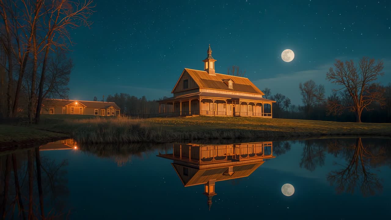 Panning camera circling historic wooden house beside pond, with full moon reflection, cupola detail