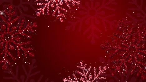 christmas background with shining red snowflakes and snow. merry christmas loop animation on red background. sparkling red snowflakes with glitter texture.