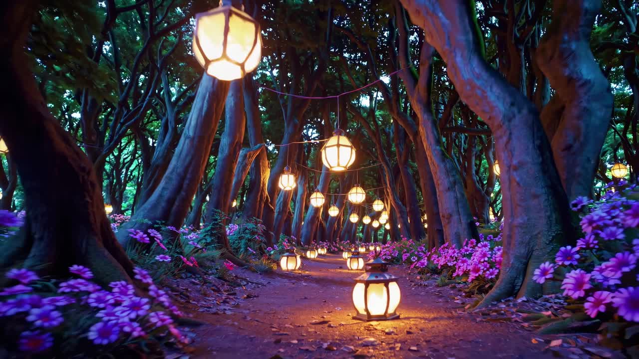 A magical forest path illuminated by hanging lanterns, captured from a low-angle
