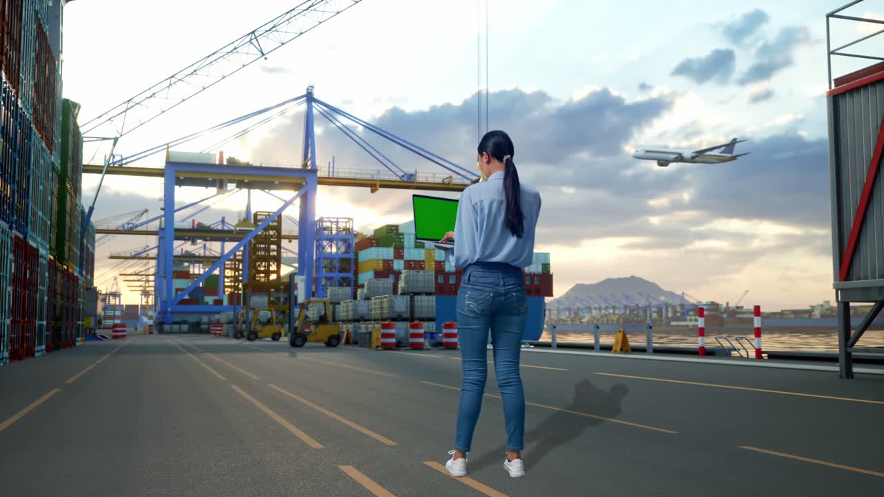 Full Body Back View Of Asian Female at Port with Container Ship and Cranes, Typing On Laptop'S Keyboard With Green Screen And Look At Factory