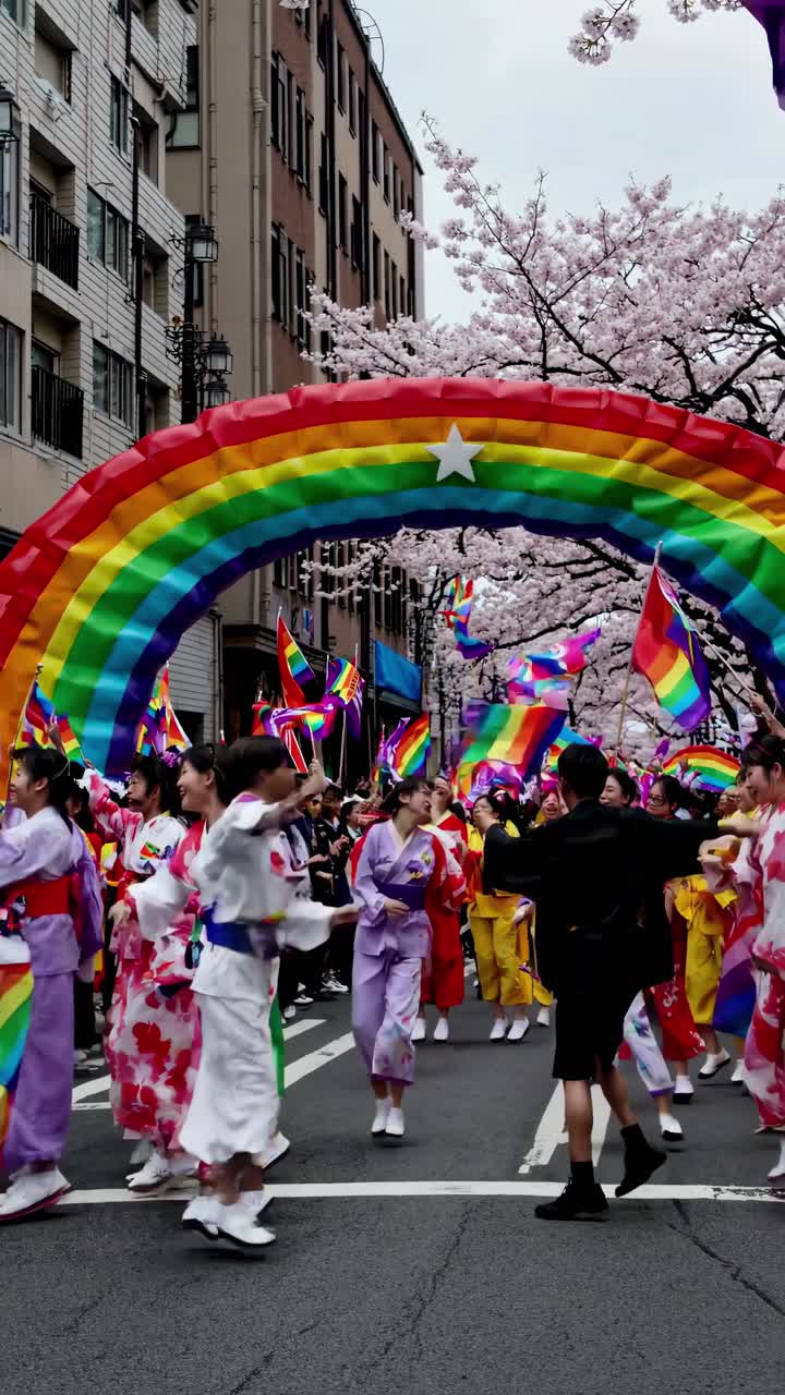 Vibrant street festival video with a low-angle view of participants in colorful attire
