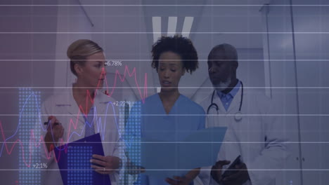 animation changing numbers, diverse doctors discussing patient reports while walking in corridor
