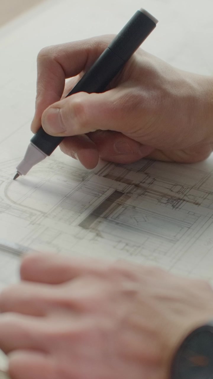 Arquiteto desenhando projetos arquitetônicos detalhados em papel