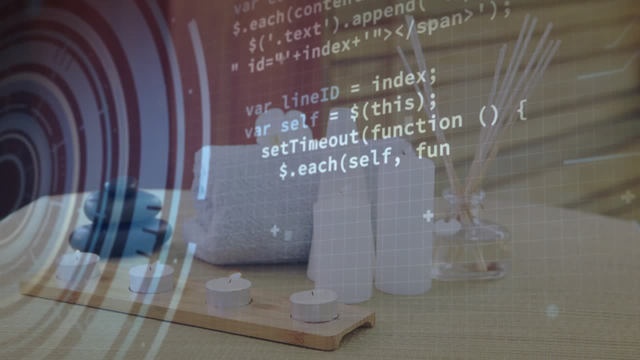 HUD graphic sweeping from left starting code scrolling flickering over spa items revealing spa plan