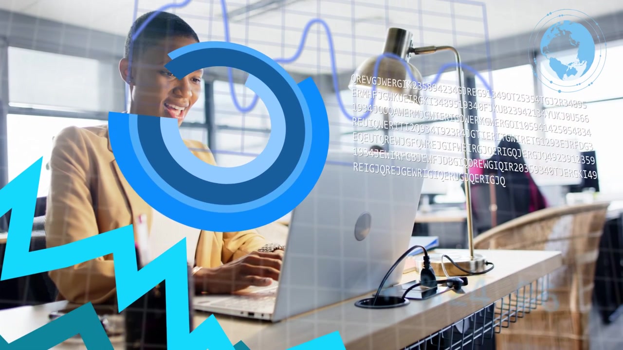 Woman typing on laptop at desk, causing data viz animating zigzag pie-chart settling for insight