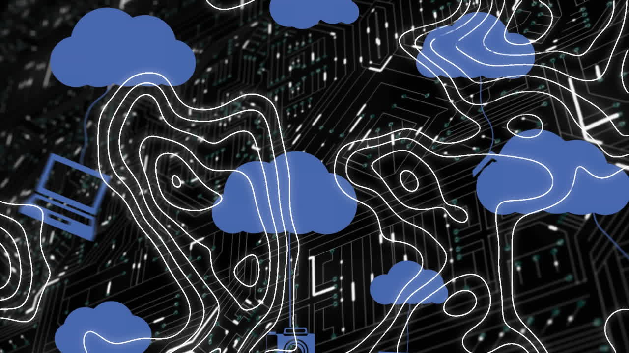 Animation of isohypses and clouds and moving shapes on black background