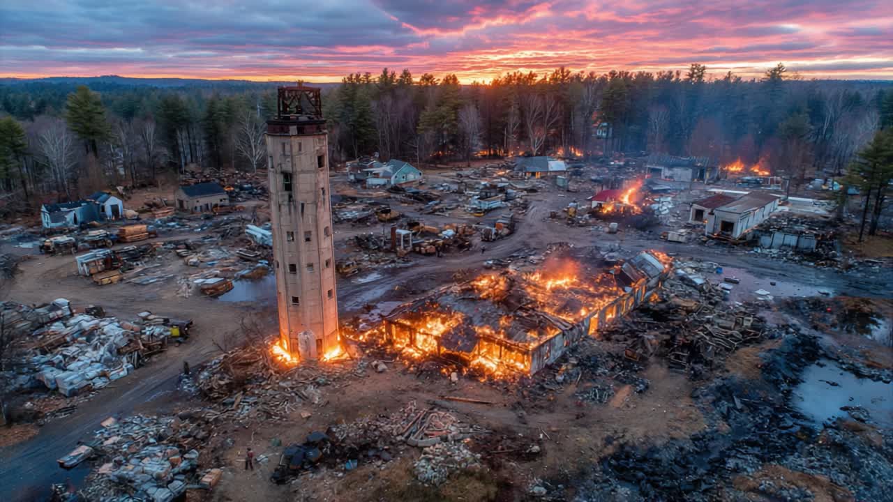 Vista aerea di un paesaggio devastato con distruzione infuocata e fumo che si sprigiona dai resti di un edificio, sullo sfondo di un bellissimo orizzonte al tramonto