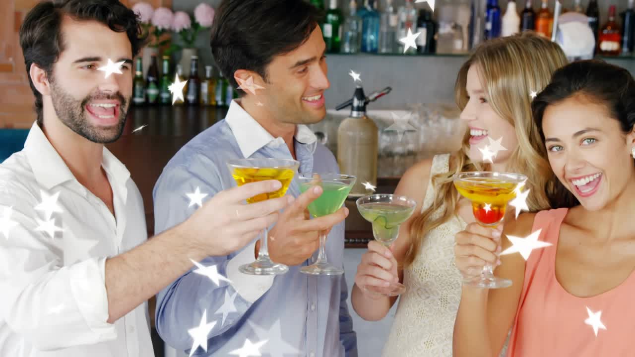Group raising glasses to camera at bar starting star overlays obscuring faces celebrating marketing