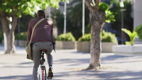 Rückansicht-Eines-Afroamerikanischen-Mannes,-Der-In-Der-Stadt-Fahrrad-Fährt