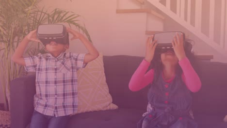 Spots-of-light-against-african-american-brother-and-sister-wearing-vr-headset-at-home