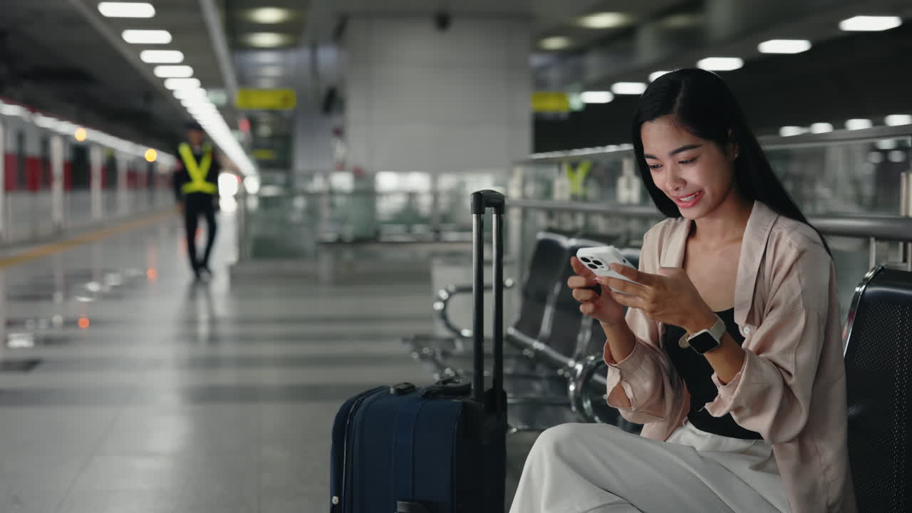 mujer usando el teléfono en la estación de tren
