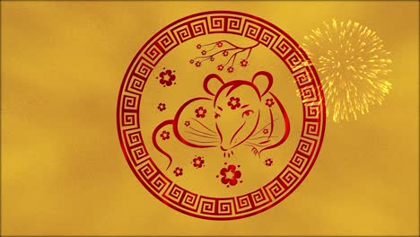 lunar new year, spring festival background with golden foil, rat, fireworks. chinese new year animation for holiday event. 3d rendering seamless loop 4k video