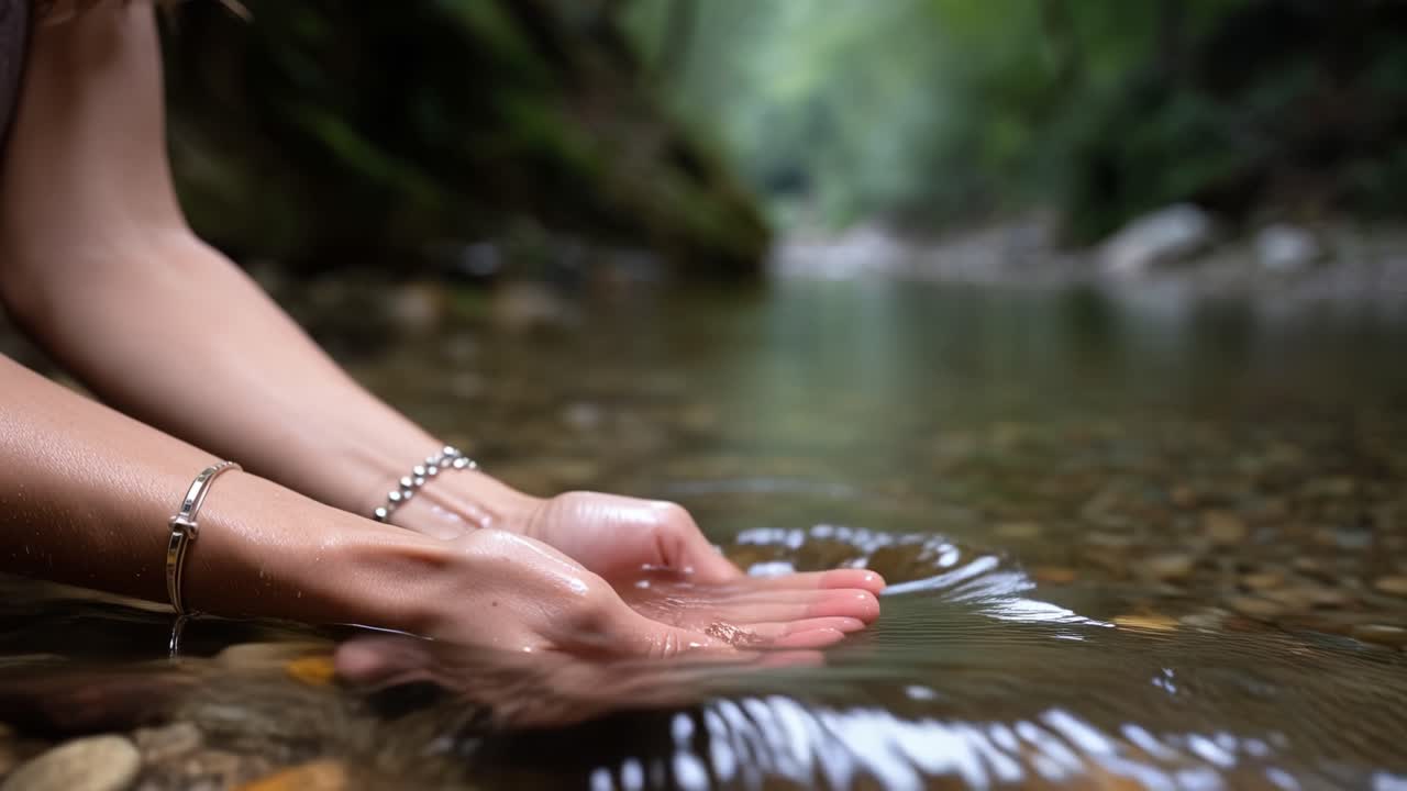 Mãos Graciosas com Água Cristalina em um Cenário Natural Sereno, Capturando a Essência da Tranquilidade e Conexão com a Natureza.