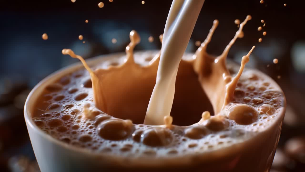 Ricco latte cremoso versato nel caffè che crea schizzi in una tazza con effetti di bolle, catturando la miscela perfetta di sapori e consistenze in ogni goccia