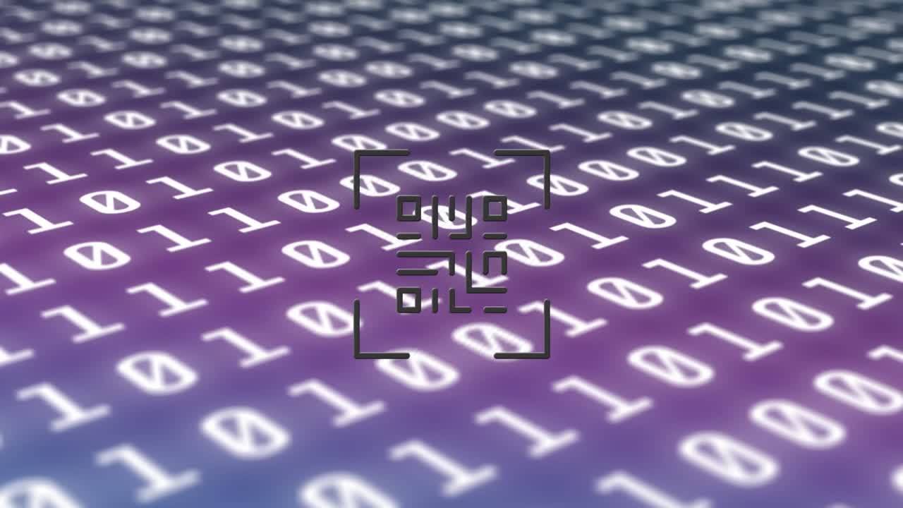 Animation of qr code over binary codde on violet background