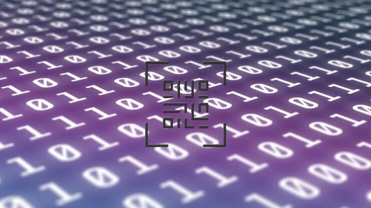 Animation of qr code over binary codde on violet background