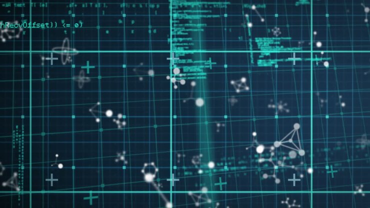 Animation of molecular structures and data processing over grid network against blue background