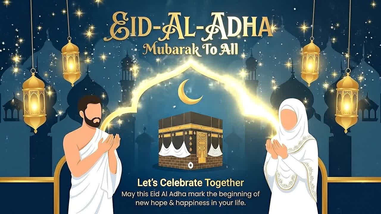 Scena di auguri per Eid al-Adha con pellegrini in preghiera, Kaaba e decorazioni luminose di lanterne appese.