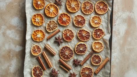 rebanadas de naranja secas, palitos de canela y anís estrellado en una sartén para hornear