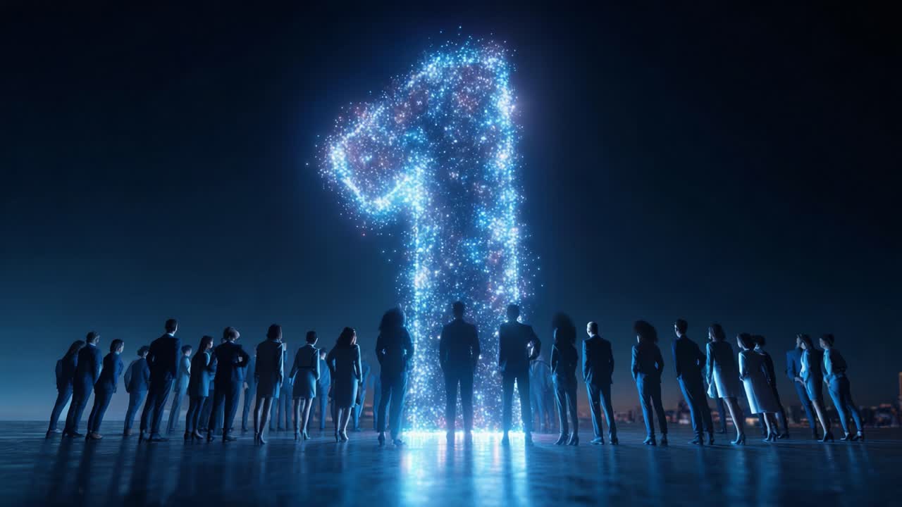 Captivating Display of a Radiant Number One Surrounded by an Engaged Audience, Symbolizing Unity and Enthusiasm, Illuminated with Sparkling Particles Against a Night Sky