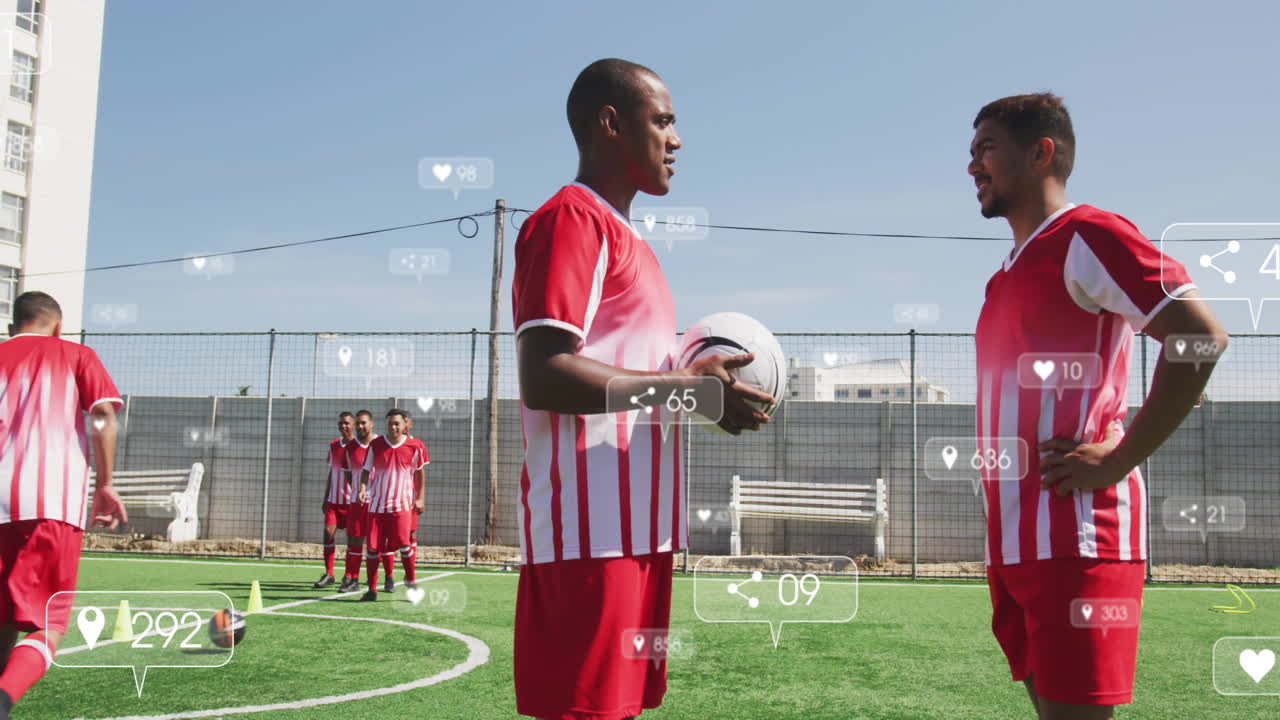Team practicing soccer drills on turf, showing floating social media icons for sports marketing