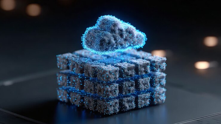Dynamic Visualization of a Cloud Structure Forming Above a Layered Data Storage Platform, Highlighting the Fusion of Technology and Digital Storage Concepts