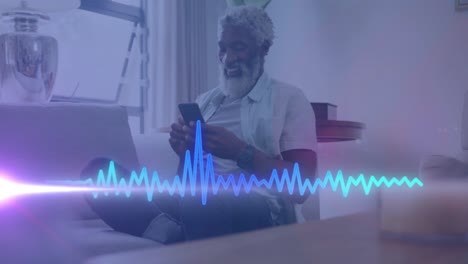 animation of music data processing over african american man with smartphone