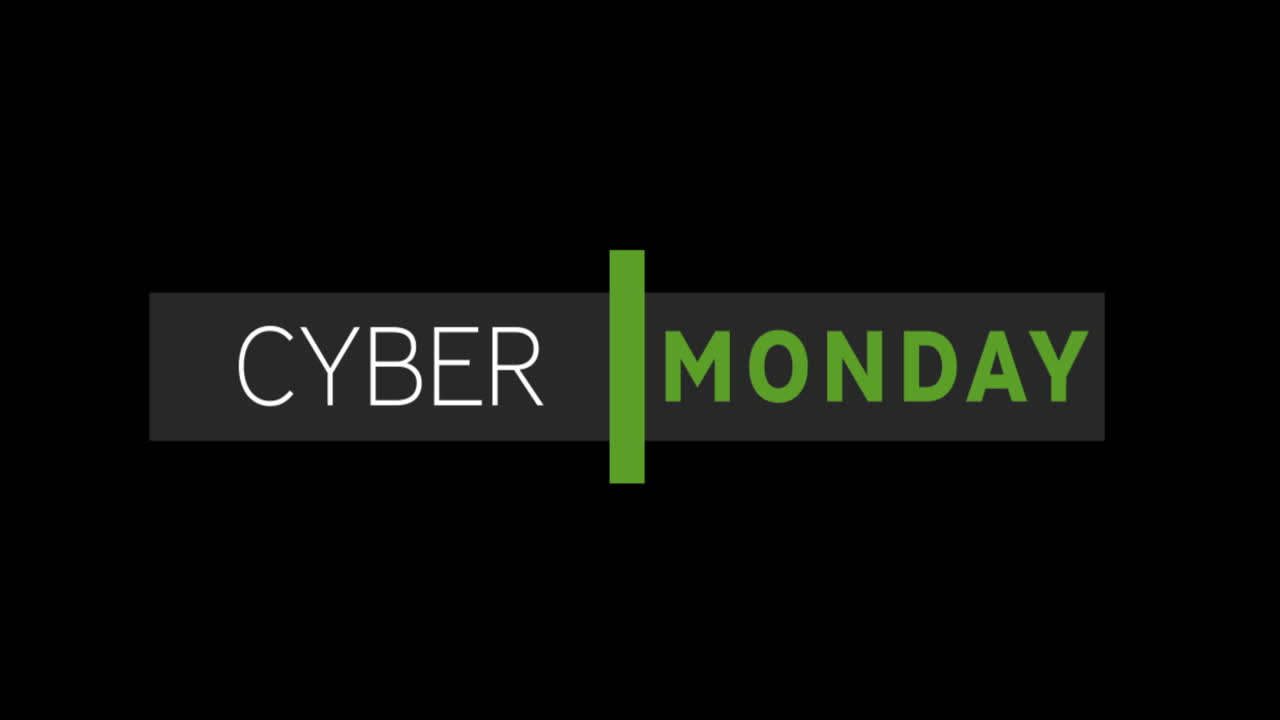 texto blanco y verde de cyber monday que aparece contra una pantalla negra