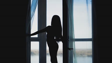 slim long haired girl silhouette dances gracefully in dark room