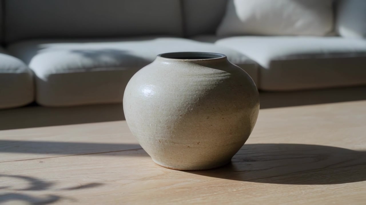 Kamera trækker tilbage, beige vase centreret på gulvet derhjemme, sollys skifter og afslører planteskygge
