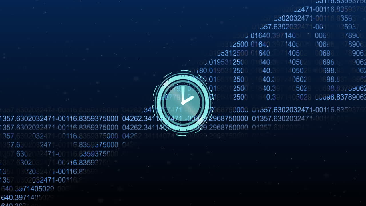 Animazione di orologio in movimento su filamento di DNA con codice binario su sfondo nero