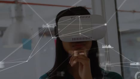 Animation-of-network-of-connections-over-asian-woman-wearing-vr-headset