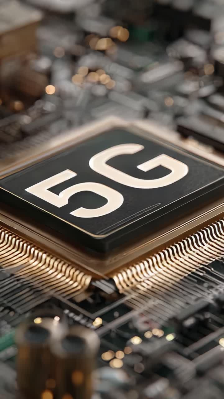 Primo piano di un chip processore 5G che mette in risalto la tecnologia avanzata dell'infrastruttura di telecomunicazioni moderna con circuiti complessi