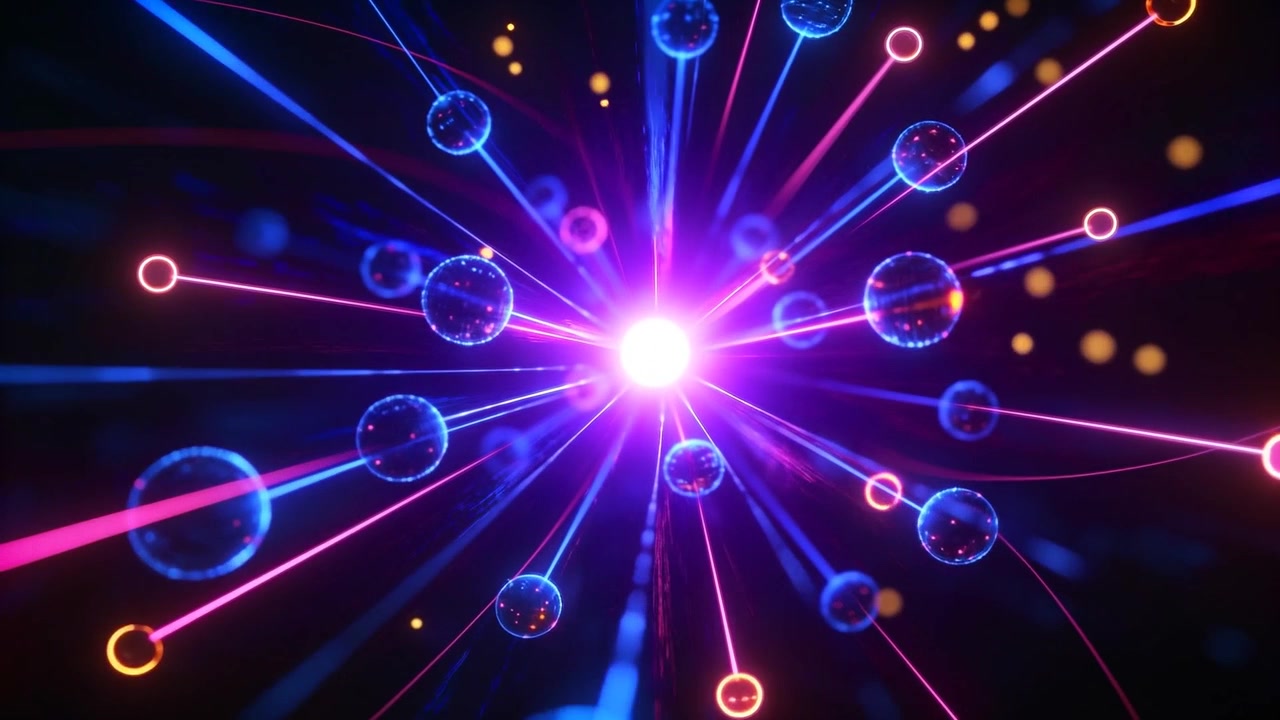 Moving camera spurring magenta core brightening expanding showing glow in void with neon rods, orbs