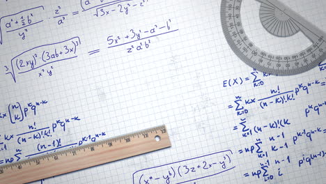 closeup mathematical formula and elements on paper school background 4