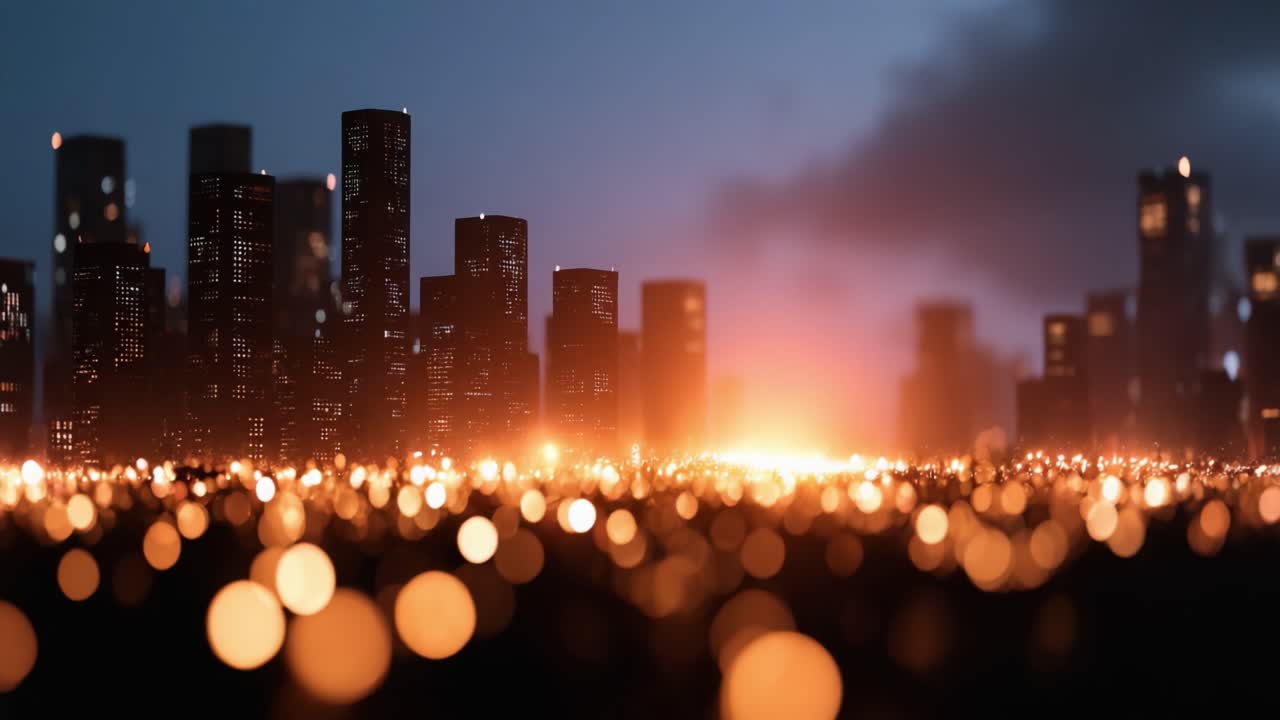 Un affascinante skyline urbano illuminato da luci brillanti in primo piano, che mostra una transizione mozzafiato dal crepuscolo alla notte in un vivace paesaggio urbano