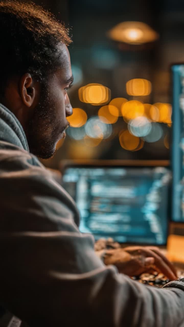 Focused Programmer Engaged in Coding at Night with Screens Illuminated by Bokeh Lights, Showcasing Technology and Quiet Concentration in a Modern Workspace