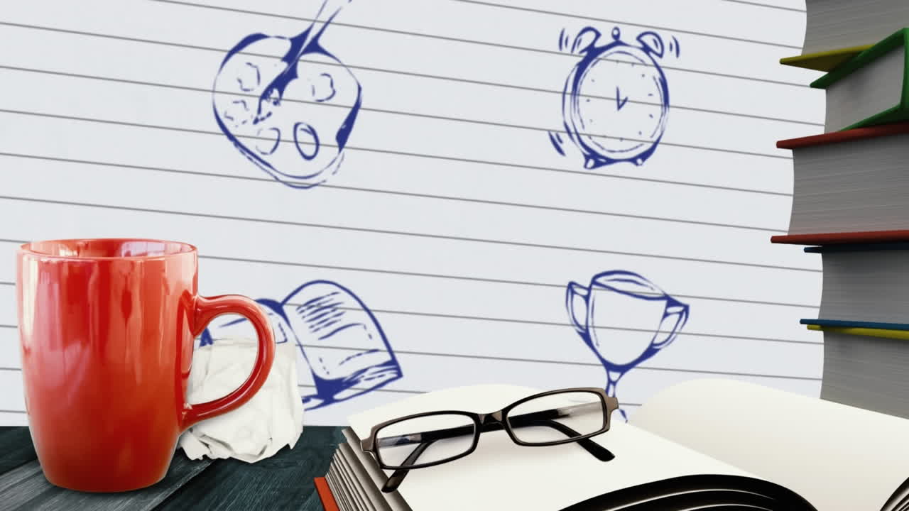 Animation of coffe cup, book, glasses against page turning effect over abstract symbols