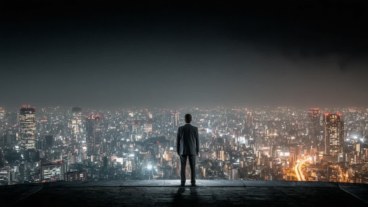 A solitary figure stands poised on the edge of a high-rise rooftop, gazing over a sprawling city illuminated by the glow of countless lights during the night