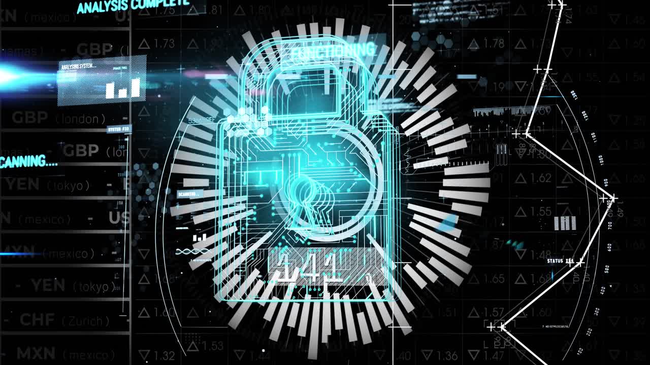 Animation of padlock and financial data processing over black background