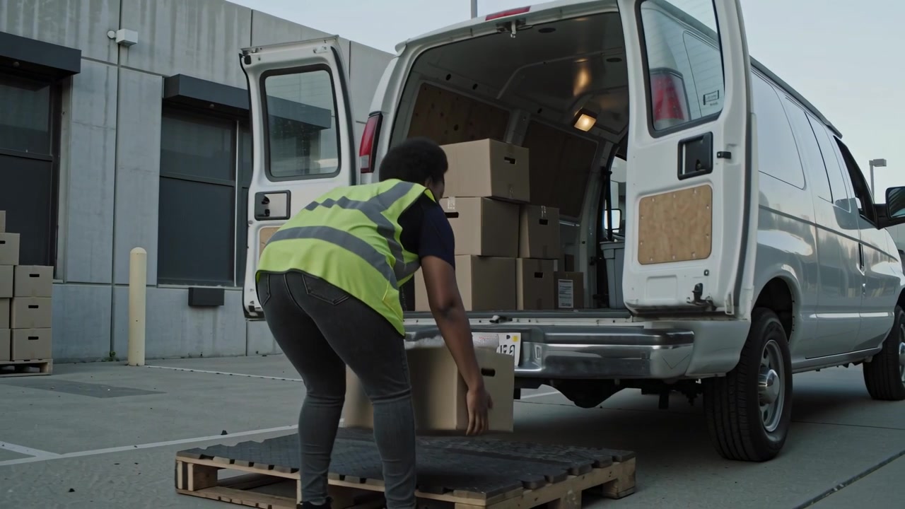 Entering from left delivery worker in yellow vest carrying box toward van at dock, staging delivery