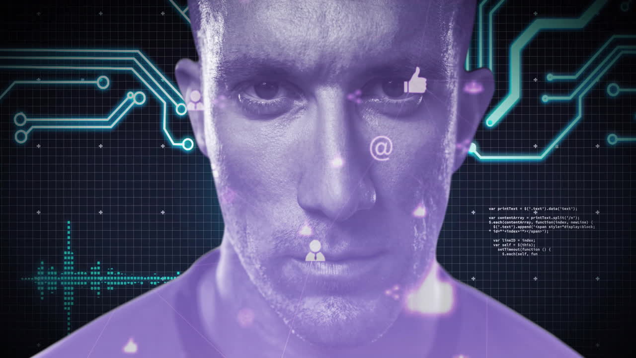 In school, man using digital interface with futuristic animation overlaying screen