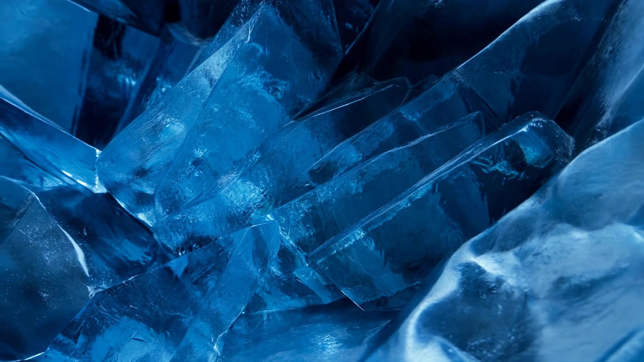 Blue Ice Crystals Closeup Revealing Translucent Shards, Angular Facets, Deep Cobalt Tones And Reflective