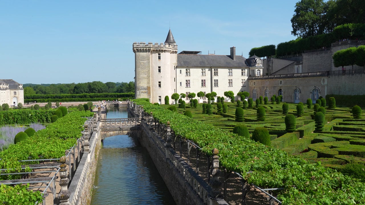 Vista del canal cubierto de viñedos, jardines formales y castillo del Château de Villandry, mostrando el diseño paisajístico renacentista en el Valle del Loira, Francia.