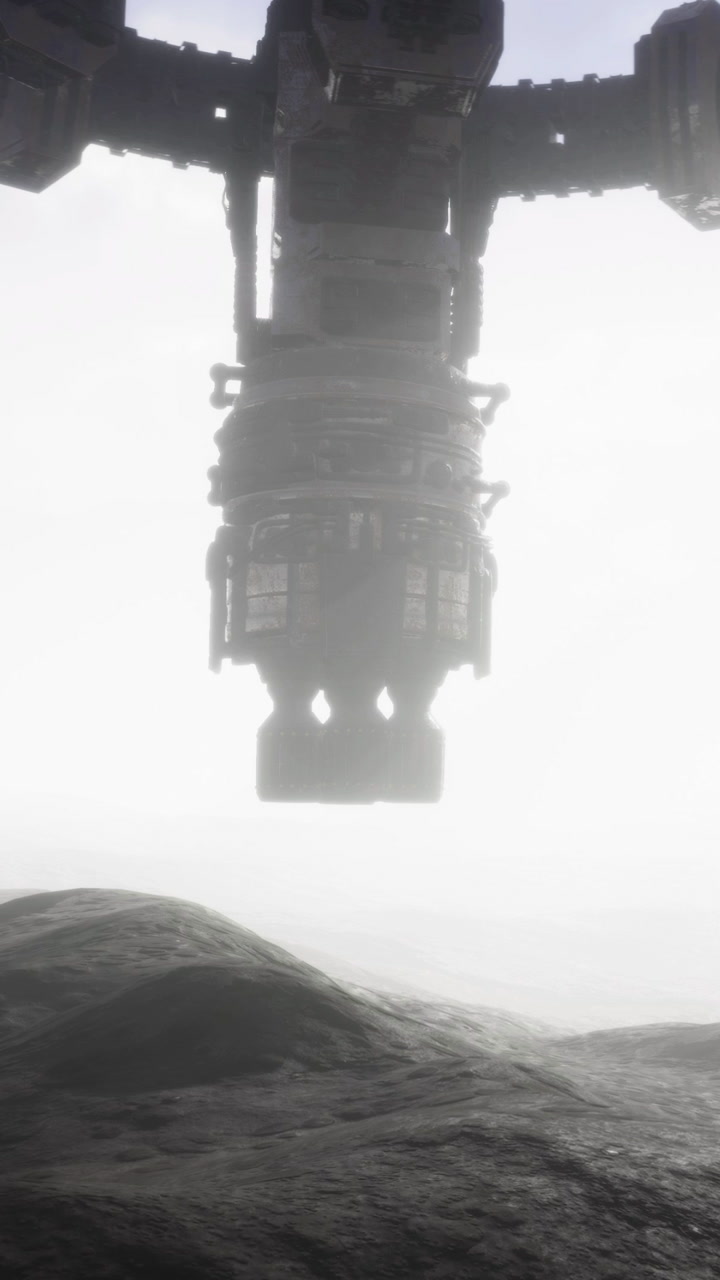 Spacecraft hovers above the surface of an alien planet during exploration